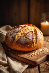 Freshly baked artisan bread with golden crust and flour cracks. Rustic homemade loaf on linen cloth and wooden table