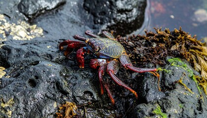 cangrejo Necora puber sobre unas rocas h&uacute;medas en la orilla del mar. Estilo fotograf&iacute;a macro de alta definici&oacute;n, enfoque n&iacute;tido en el cangrejo con todos sus detalles anat&oacute;micos visibles