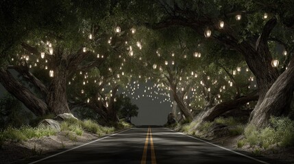 Obraz premium Illuminated road through a canopy of trees at night