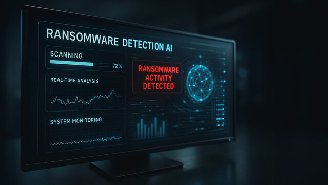 Ransomware Detection AI Interface: A digital display presents a sophisticated user interface showcasing real-time monitoring and AI-powered detection of malicious ransomware activity.