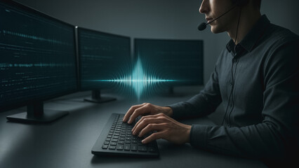 Tech Specialist Working: A focused technician, immersed in his workspace, is seen with headphones, intently focused on monitors while typing on a keyboard.