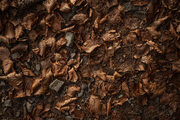 Fallen brown leaves cover the forest floor in autumn, creating a rich texture and a sense of nature's cycle. Spring hiking in Carpathian mountains, Ukraine
