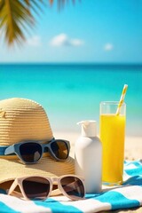 A vibrant summer scene featuring sun hats, sunscreen bottles, sunglasses, and a refreshing drink on a beach towel, embodying summer safety and preparedness , relaxation, water