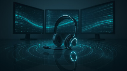 Tech Support Visual: A modern tech setup with monitors showcasing abstract digital information, and a professional headset.