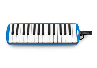 Top-down view of a classic blue wind piano or key flute, a portable keyboard instrument for learning music, shot against a plain white backdrop
