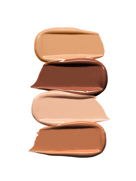 Makeup Liquid foundation smear range composition isolated on white background. BB CC Cream Concealer texture. Cosmetic product brush swatch