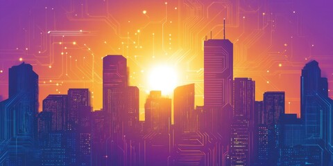 Digital Cityscape at Sunset with Circuit Board Overlay and Glowing Connections skyline futuristic
