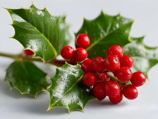 Bright red holly berries and green leaves are displayed against a white background in detail image.