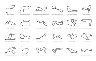 Minimalist grid of 24 iconic Formula 1 circuit outlines from around the world, perfect for motorsport fans and racing-themed design projects. © Тима Рябец