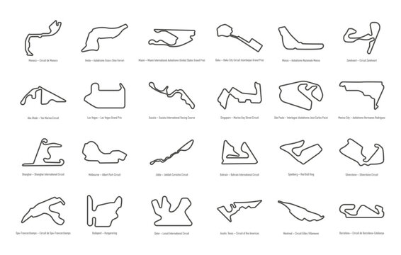 Minimalist grid of 24 iconic Formula 1 circuit outlines from around the world, perfect for motorsport fans and racing-themed design projects.