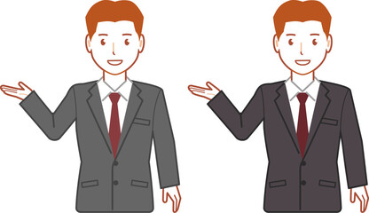 グレースーツ、ベリーショートのこちらと指し示す若い男性