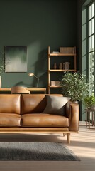 Green Wall Living Room with Leather Sofa, Wooden Desk, and Bookshelf