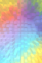 A voluminous abstract background with soft rainbow like gradients forming a structure of blocks receding into the distance. The colors are bright but balanced.