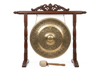 A traditional Asian bronze gong hanging from an ornate carved wooden stand with a mallet, isolated on a white background, symbolizing cultural music and ceremony