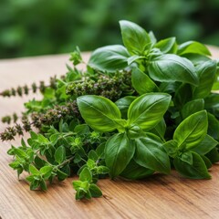 Fresh Green Basil Oregano Thyme Herbs on Wooden Board