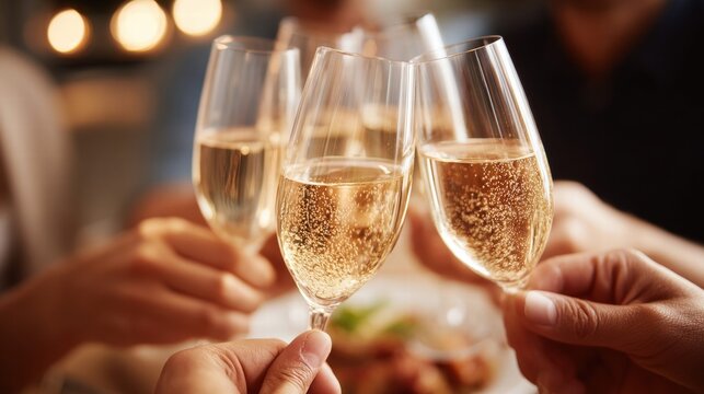 Group of friends raising champagne glasses in a toast at a party.