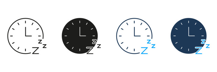 Clock With Sleep Symbol Line And Solid Icon Set. Sleep Schedule, Rest, And Relaxation Time Management Symbol Collection. Bedtime Routine And Sleep Cycle. Isolated Vector Illustration