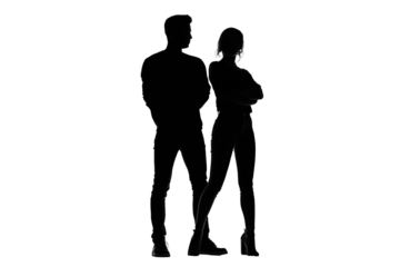 Minimal black silhouettes of two figures leaning slightly, back-to-back posture, isolated on transparent background.
