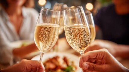 People toasting with champagne glasses, enjoying a celebratory dinner together.