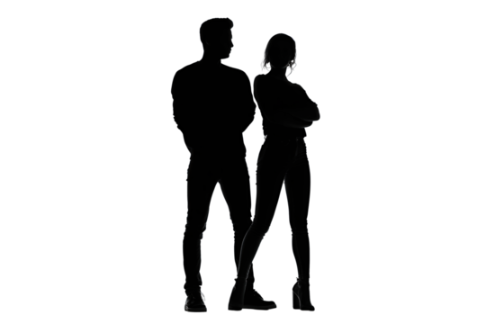 Minimal black silhouettes of two figures leaning slightly, back-to-back posture, isolated on transparent background.
