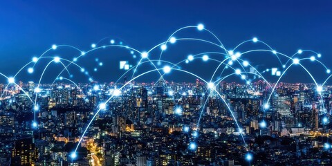 Futuristic Cityscape with Glowing Digital Network Connections and Data Streams night urban