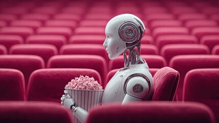 A robot enjoys a movie at the cinema with popcorn, a concept of AI entertainment.