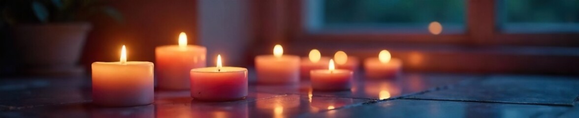 Serene candles illuminate a tranquil space, creating a calming atmosphere perfect for a spiritual evening Ideal for meditation, yoga, or mindful reflection , ethereal, reflection