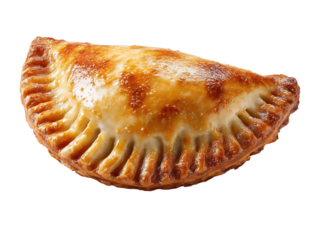 A golden baked empanada pastry with crimped edge and neat seam, three-quarter view, isolated on transparent background.
