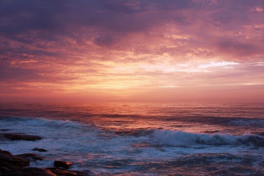 An unclear sunset in an Australian sky casts soft russet hues over the chilly dark sea as evening nears in early spring