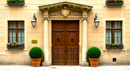 Elegant ornate wooden double doors of a historic building framed by classical columns and flanked by potted green topiaries and windows