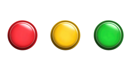 A horizontal row of UI status dots in red, yellow, and green, subtle glossy finish, isolated on transparent background.
