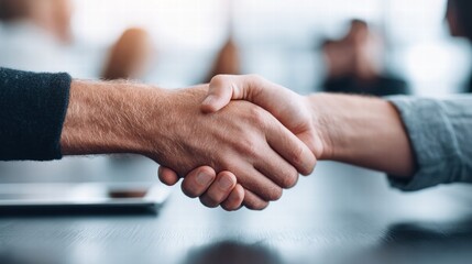 A firm handshake seals a successful business deal in a professional environment.