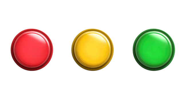 A horizontal row of UI status dots in red, yellow, and green, subtle glossy finish, isolated on transparent background.