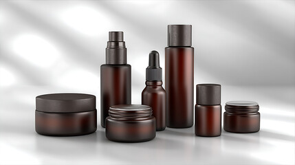 Arrangement of dark brown glass cosmetic containers including jars, bottles, and droppers on a white surface against a blurred background with light and shadow.