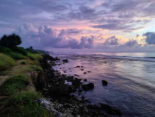 Rocky Coastline at Sunset, Violet Purple Sky, Tranquil Ocean Scene