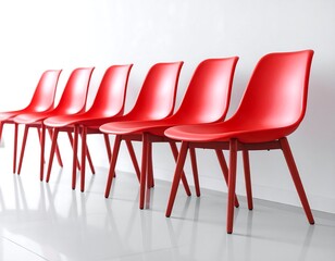 Row of red chairs against a white wall