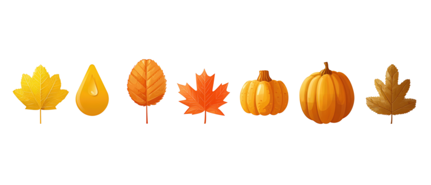 A strip of autumn mini-icons showing leaf, rain, pumpkin, lantern, and coin, with uniform stroke weight, isolated on transparent background.
