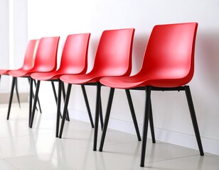 Row of red chairs against white wall