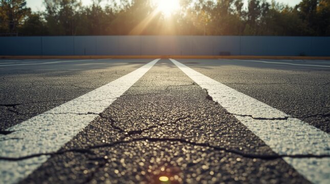 A low-angle, ground-level shot looking down a cracked asphalt road or parking lot, with two prominent, parallel white painted lines extending towards the horizon. 