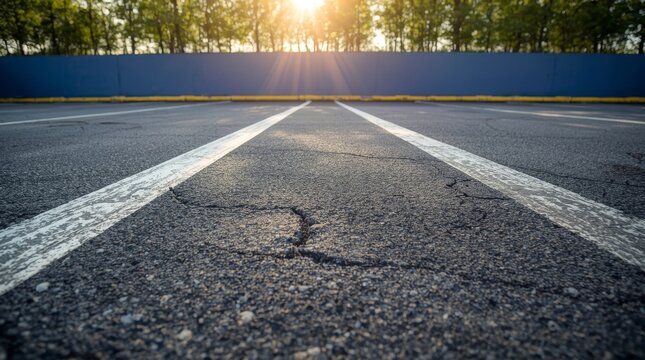 A low-angle, ground-level shot looking down a cracked asphalt road or parking lot, with two prominent, parallel white painted lines extending towards the horizon. 