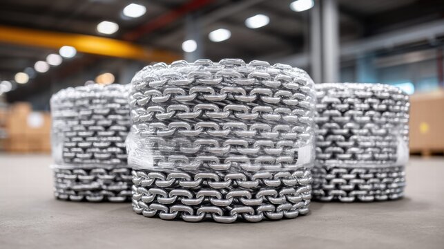 Several bundled metal chains wrapped in plastic, ready for shipping from the factory.