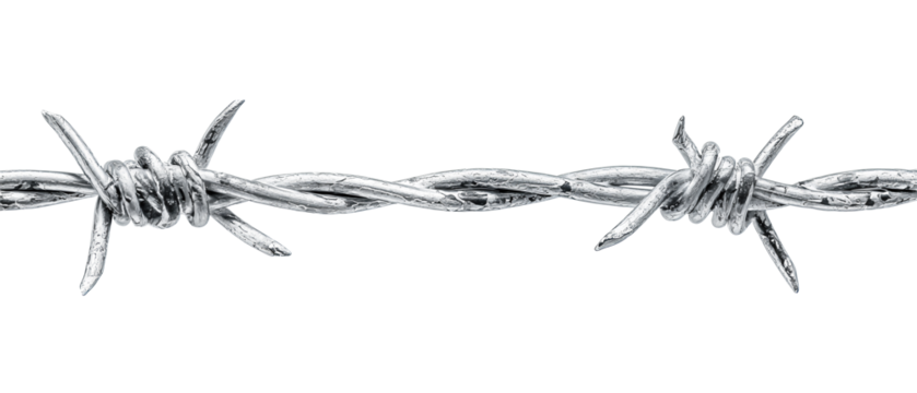High-contrast barbed wire strip with evenly spaced barbs, tightly cropped, isolated on transparent background.
