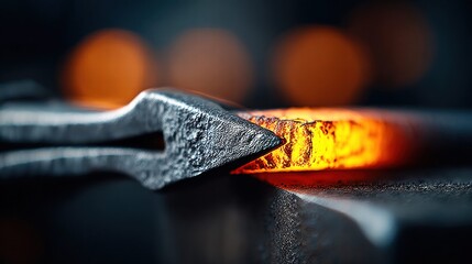 Close-up of hot metal held by tongs in a blacksmith's workshop, ready to be shaped.