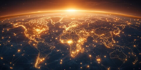 Glowing World Map with Global Network Connections and Sunrise Horizon image photo