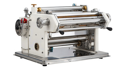 A compact industrial dough sheeter with clean rollers and safety guards, isolated on transparent background.
