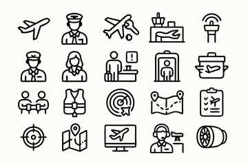 Fototapeta premium Airport and Aviation Icon Set - Outline Style