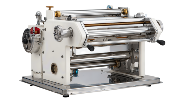 A compact industrial dough sheeter with clean rollers and safety guards, isolated on transparent background.
