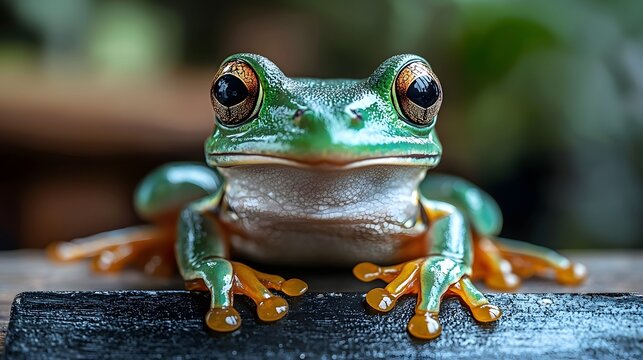 Captivating close up of a vibrant green tree frog with striking large eyes and bright orange feet sitting calmly on a dark surface