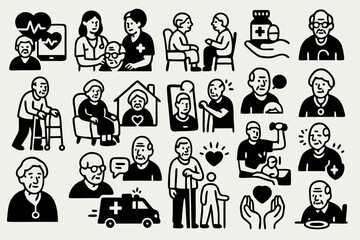 Senior Care and Elderly Assistance Icon Set in Black and White