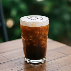 Iced Coffee with Chocolate Topping on Wooden Table